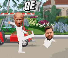 a cartoon of a man kicking another man with the word get behind them