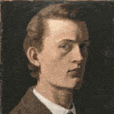 a painting of a young man 's face with a brown jacket and white shirt