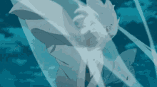 a cartoon character is flying through the air in a blue background