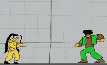 a cartoon of two people fighting with a banana in the middle