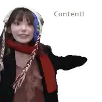 a woman wearing a hat and scarf with the word content written above her