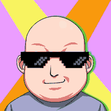 a cartoon of a bald man wearing sunglasses and a blue shirt