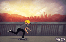 a cartoon drawing of a person riding a skateboard with the words gif jif below it