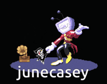 a pixel art drawing of a man and a cat with the name junecasey on the bottom