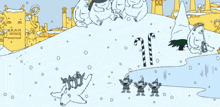 a cartoon of people ice skating in the snow with candy canes in the background