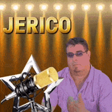 a man in a purple shirt stands in front of a microphone with the name jerico written above him