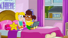 two girls sit on a bed in front of a sign that says " achieve "