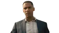a man in a suit is looking through binoculars against a white background
