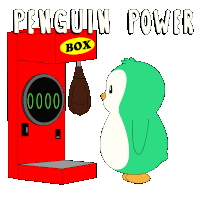 a green penguin is standing in front of a punching bag machine that says penguin power