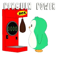 a green penguin is standing in front of a punching bag machine that says penguin power