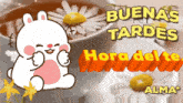 a cartoon bunny is sitting next to a cup of tea that says buena tardes hora delte alma