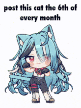 a pixel art of a girl with the words post this cat the 6th of every month below her