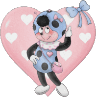 a ladybug with a pink purse is standing in front of a large pink heart