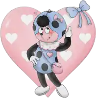 a ladybug with a pink purse is standing in front of a large pink heart