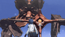 a girl stands in front of a giant monster