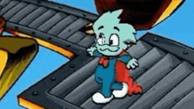 a cartoon character is standing on a conveyor belt and wearing a cape