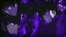 a man with purple eyes is surrounded by a dark background