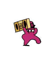 a pink cartoon character is carrying a boombox on his head .