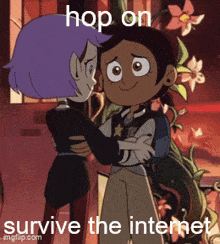 a couple of cartoon characters hugging with the words hop on survive the internet