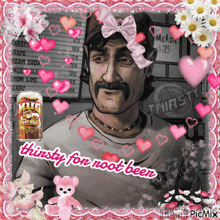 a man with a mustache is surrounded by pink hearts and flowers and a can of mug beer
