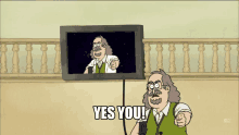 a cartoon character says yes you in front of a screen