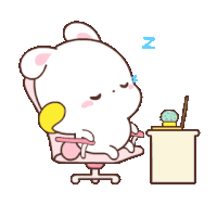 a cartoon rabbit is sitting in an office chair and sleeping on a desk .