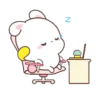 a cartoon rabbit is sitting in an office chair and sleeping on a desk .