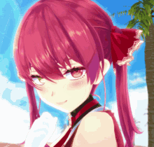a close up of a girl with pink hair and a red bow in her hair