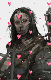 a drawing of a woman with hearts around her