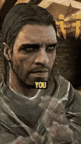 a man with a beard has a sticker on his mouth that says you