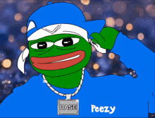 a cartoon of a frog wearing a bandana and a necklace that says base peezy