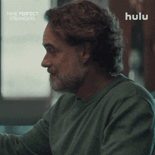 a man with a beard and a green shirt is featured in an advertisement for nine perfect strangers