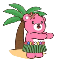 a pink teddy bear is wearing a hula skirt with flowers on it