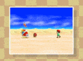 a video game shows a man and a bird on a sandy beach
