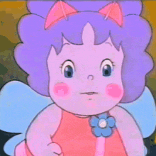 a cartoon character with purple hair and a pink bow on her head