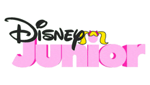 a pink disney junior logo with a yellow bow