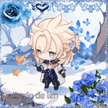 a picture of albedo de len surrounded by blue flowers and butterflies