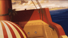 a painting of a pirate ship with a striped umbrella on the deck