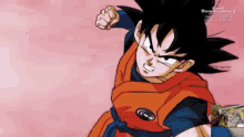 a cartoon of goku from dragon ball z with a man behind him