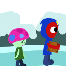 a cartoon drawing of a mushroom and a person holding a book