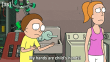 a cartoon of rick and morty says my hands are child 's hands