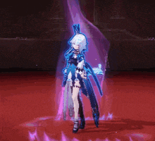 a girl in a blue dress is standing in a dark room with a sword .