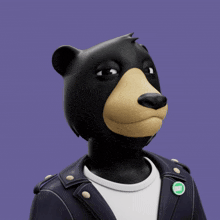 a black bear wearing a leather jacket and a green button that says crew