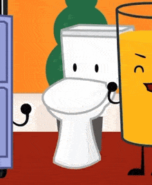 a cartoon of a toilet and a glass of orange juice with faces