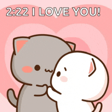 a couple of cartoon cats hugging each other with the words 2:22 i love you in the background