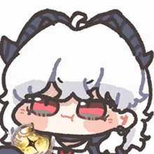 a cartoon drawing of a girl with horns holding a yellow object .