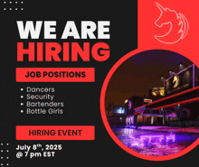 a poster that says we are hiring and has a picture of a building