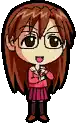 a pixel art drawing of a girl wearing glasses and a red dress .