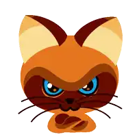 a cartoon cat with blue eyes is looking at the camera
