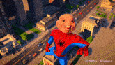 a cartoon of a spider man standing on top of a building with a minimaxel logo in the corner